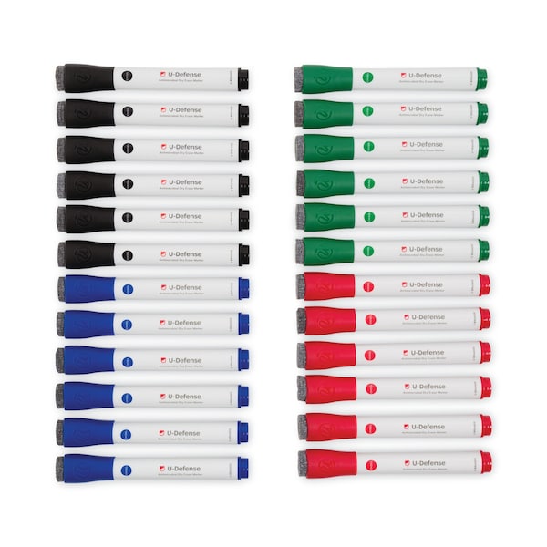 U-Defense Antimicrobial Dry-Erase Markers, Medium Bullet Tip, Assorted Colors, 24PK